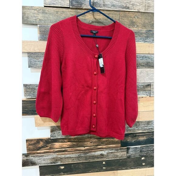 Talbots NWT Red Button Down Sweater Cardigan 3/4 Puffy Sleeve Round Neck Size S - Picture 1 of 7